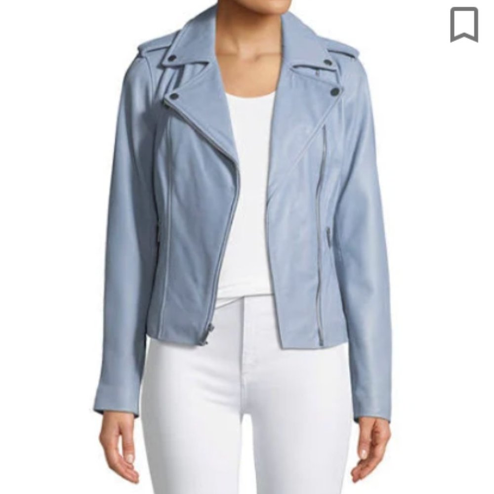 Neiman Marcus Women's Blue Leather Zip-Front Asymmetric Zip Moto Jacket L